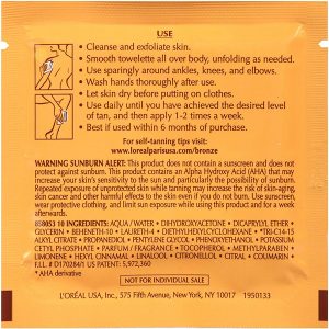 Back of L'Oreal Paris Sublime Bronze Self-Tanning Towelettes packet